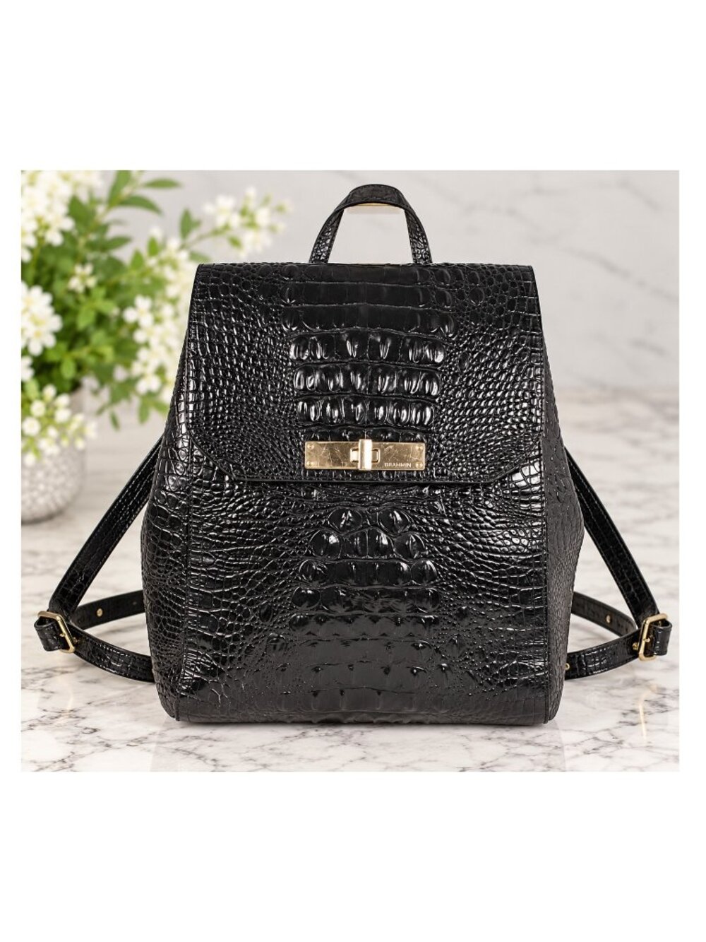 Brahmin Black Melbourne Croc Embossed Leather Backpack Gold Hardware